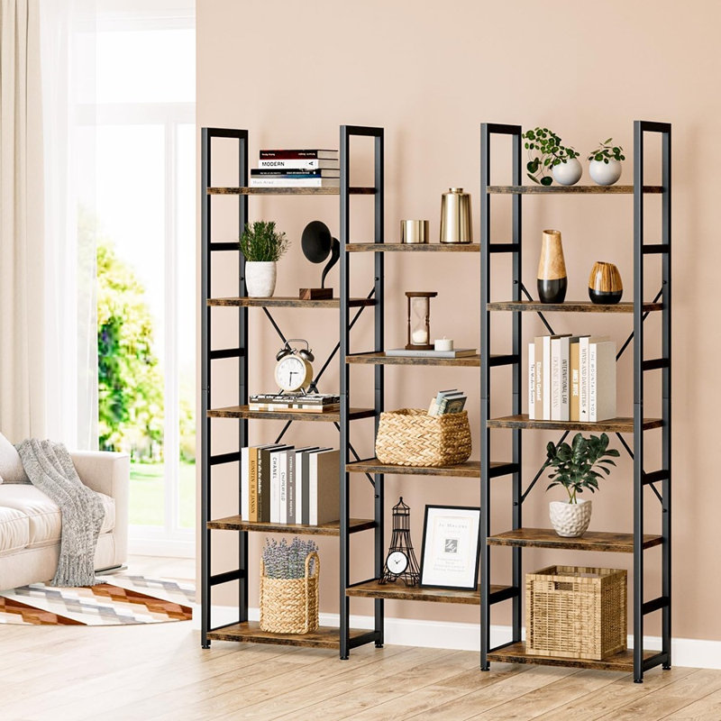 Bibliothèque avec 14 tablettes ouvertes, bibliothèque industrielle rustique réglable pour la chambre à coucher, le salon ou le bureau personnel