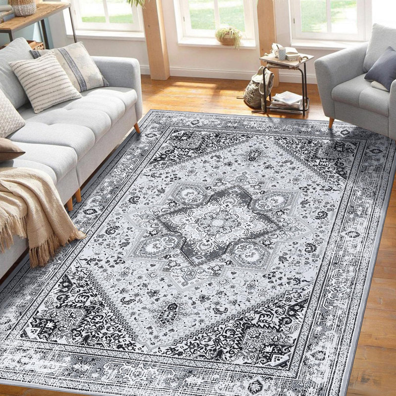Rectangle Floral Washable Area Rug, Gray, Rectangle 80 x 150 cm
