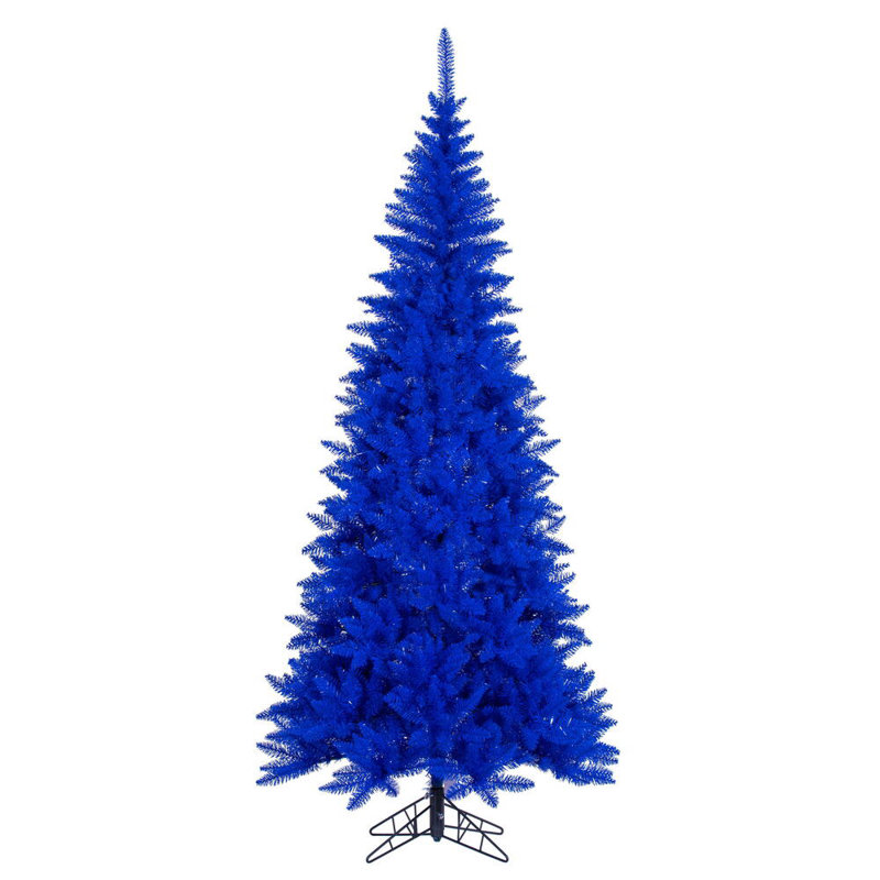 Vickerman 6.5' x 34" Slim Blue Artificial Unlit Christmas Tree with Folding Metal Tree Stand, 5.5'