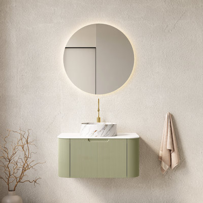 Meuble-lavabo mural de 30 po avec lavabo rond en pierre blanche, tiroir rayé 3D, pré-assemblé, contreplaqué de comptoir, tiroir à fermeture en douceur