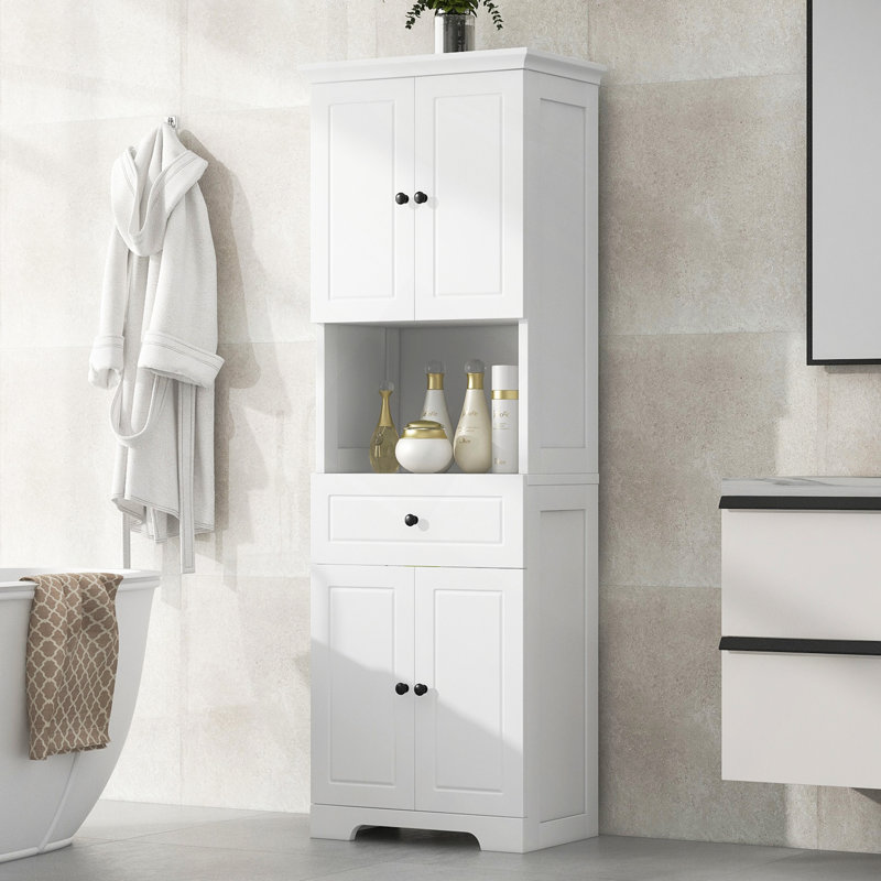 Armoire de salle de bain avec quatre portes, grand espace de rangement ouvert, armoire de rangement supérieure