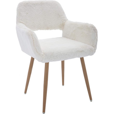 Chaise de bureau en fourrure, fauteuil Mid-Century moderne avec accoudoirs en fausse fourrure et pieds en métal d'aspect bois, bureau de maquillage pour meuble-lavabo sans roulettes
