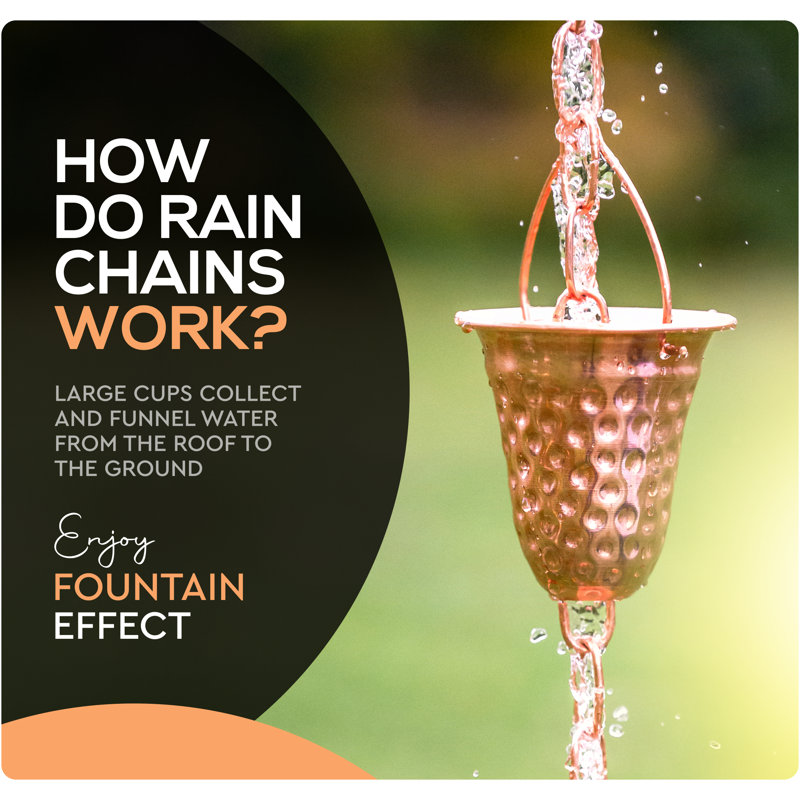 Marrgon Copper Rain Chain with Hammered Bell Style Cups for Gutter Downspout Replacement, Copper, 102" H x 3" W x 3.5" D
