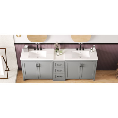 Gray 84 - Inch Double Sink Bathroom Vanity Boasting Quartz Counter, Dual Ceramic Basins, 3 Drawers, Adjustable Storage And Corrosion Silver Accents 84" In Shade, Offering 2 Sinks, Deep Handles
