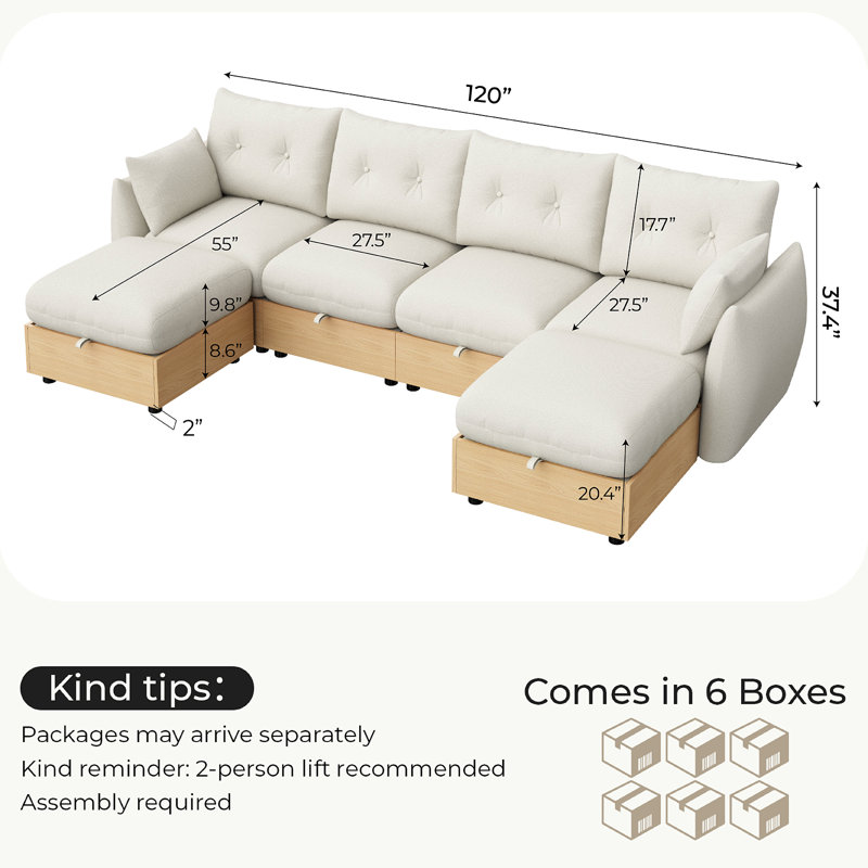 Canapé-lit modulaire en forme de U de 120 po avec rangement, grand canapé modulaire convertible avec méridienne réversible, canapé Cloud à assise profonde, canapé de salon rembourré beige avoine avec base en grain de bois