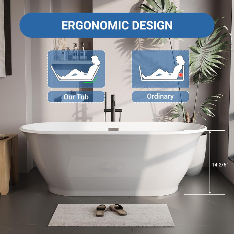 Freestanding Bathtub, Acrylic Soaking Tub, Elliptical Design with Chrome Drain & Overflow for Contemporary Bathrooms, Grey