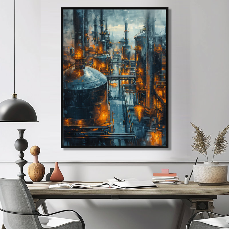 Décoration murale Crude Oil Refinery At Night II - Factories, Toile encadrée noire simple, H 32 po x l 24 po x P 1 po