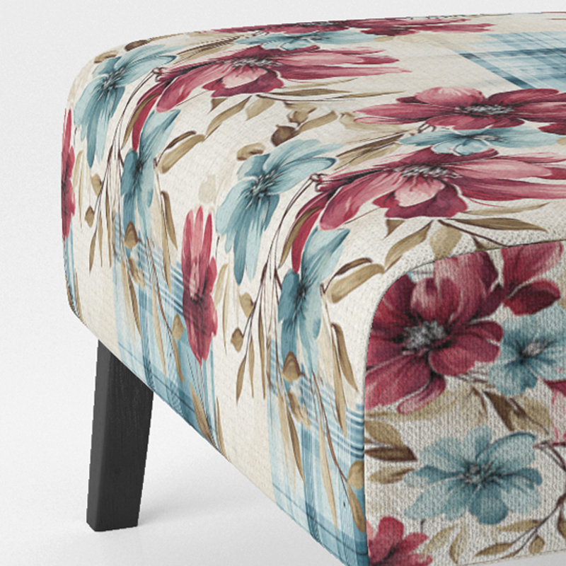 Fauteuil crapaud de style campagnard, recouvert de velours, à motif floral bohème rose et bleu à carreaux, et fauteuil d'appoint rouge