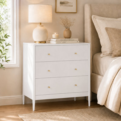 31.5'' W 3 Drawer Nightstand with Gold Knobs, White Modern Bedside Table of Drawers for Bedroom, Storage Cabinet With Solid Wood Legs