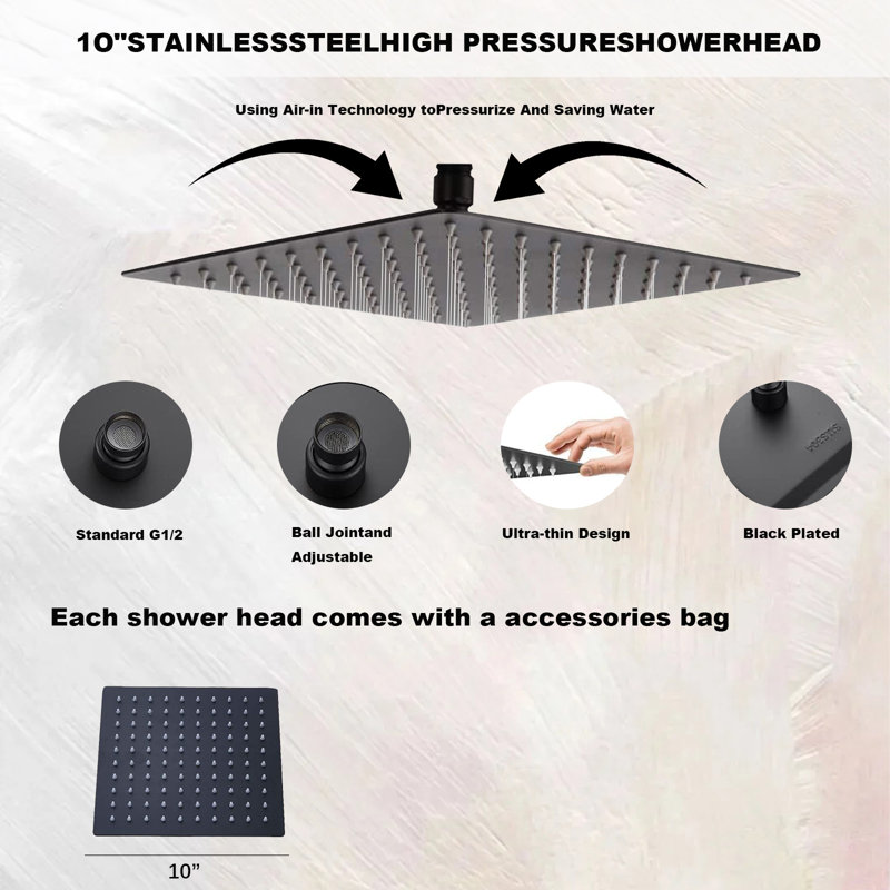 Tête de douche carrée en acier inoxydable de 10 po avec bras d'extension de 16 po - Couverture ultime en cascade, Noir mat