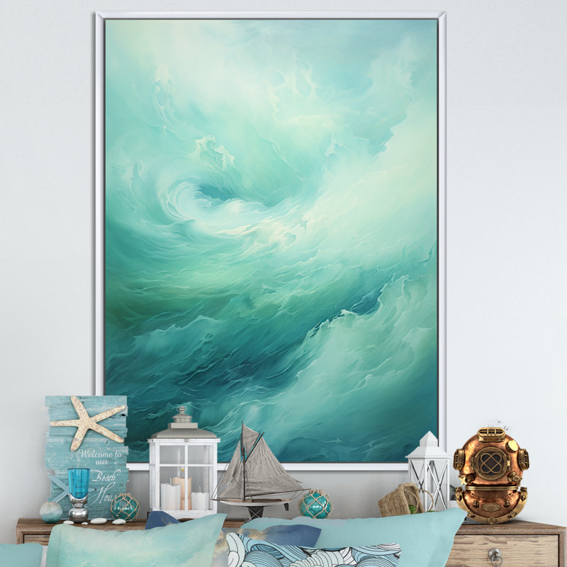 Art mural toile sarcelle tempête et vague - Coastal Waves, Cadre flottant blanc, H 40 po x l 30 po x P 1,5 po