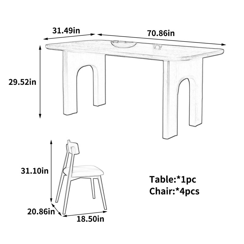 Table de salle à manger haut de gamme, 5 Pieces: Table, 4 Chairs, 29.52" H x 70.86" W x 31.49" D