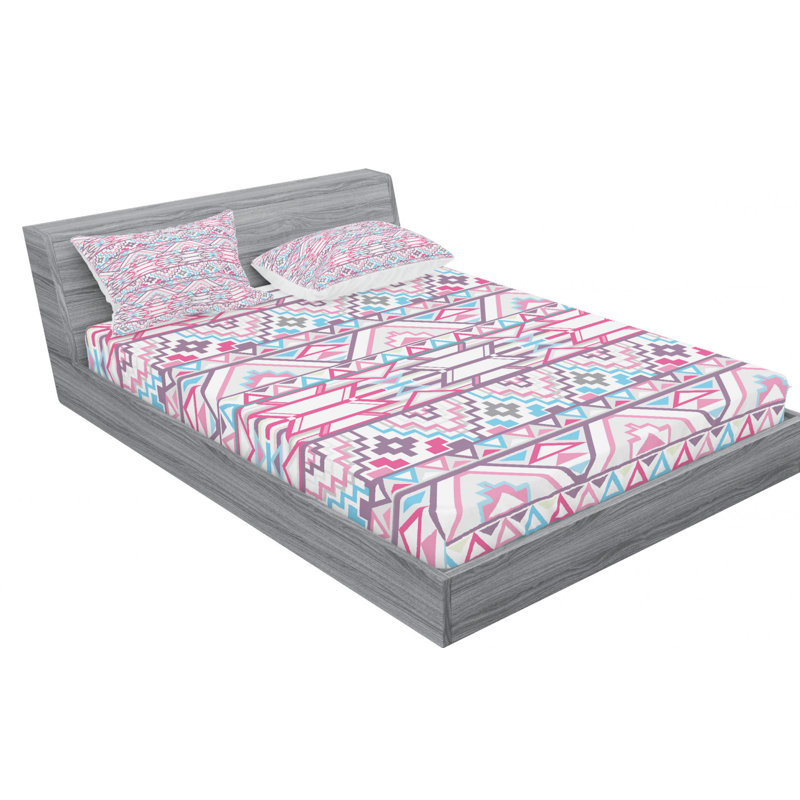 Microfiber Sheet Set, Queen Sheet Set with Fitted Sheet, Pink/Brown/Blue, Ikat