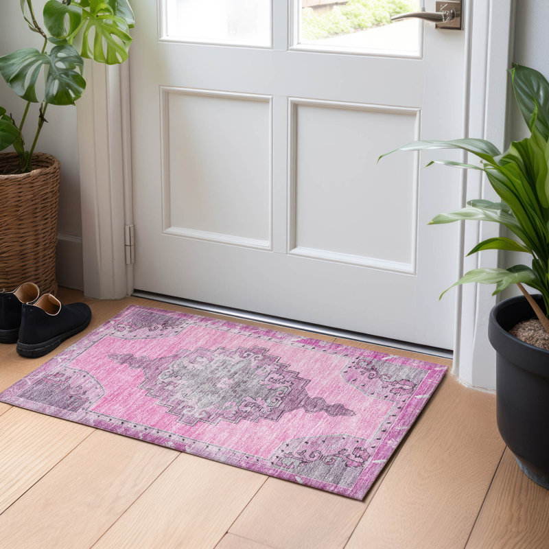 Machine Washable Indoor/Outdoor Xhevrie Pink Rug, Rectangle 1'8" x 2'6"