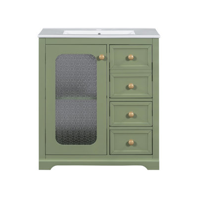 Meuble-lavabo de 30 po avec porte en verre à fermeture en douceur, tablettes réglables et trois tiroirs