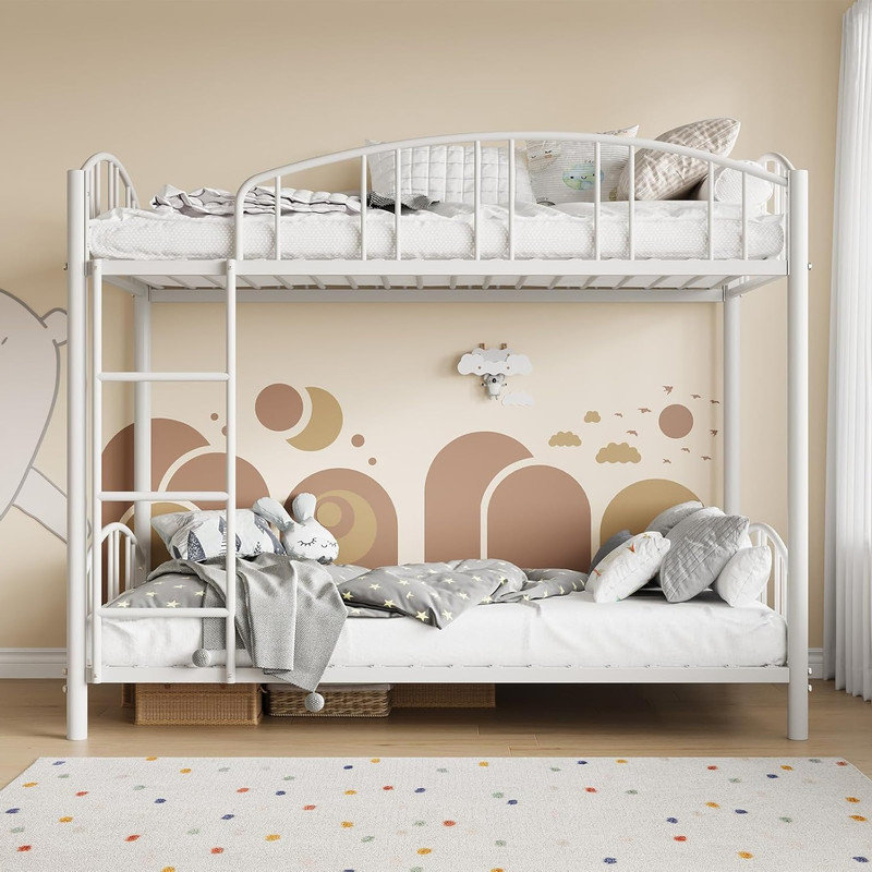 Bunk Bed Twin Over Twin with Ladder and Arched Guardrail, Heavy Duty Bunkbeds Frame with Sturdy Steel Slats Support for Kids, Space-Saving, No Box Spring Needed