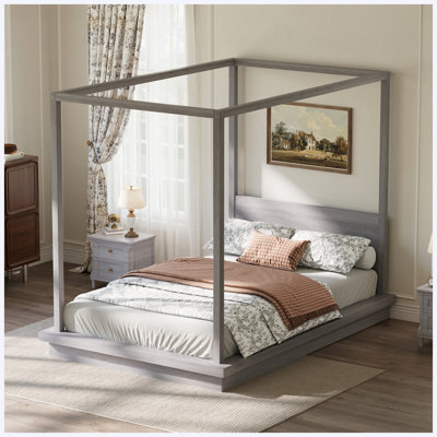 Gray Queen Size Wooden Canopy Platform Bed with Integrated Headboard