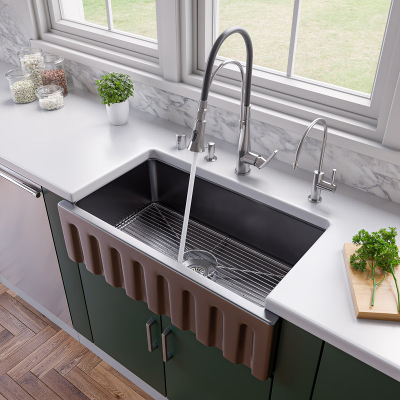 33.12'' L Single Bowl Granite Kitchen Sink, Black Gloss