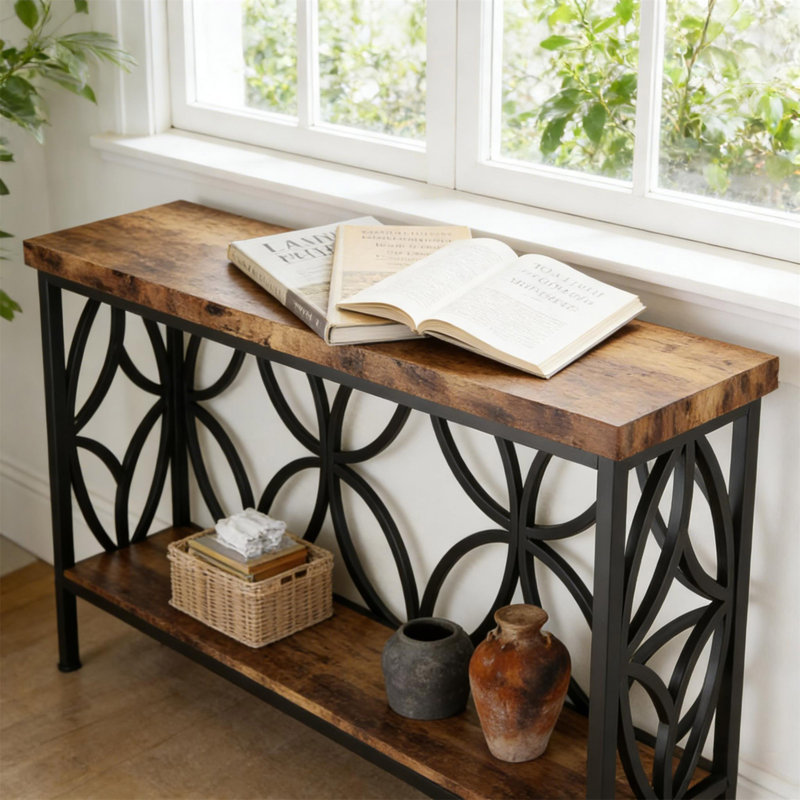 Table basse, canapé industriel, console à 2 niveaux, Brun, Noir