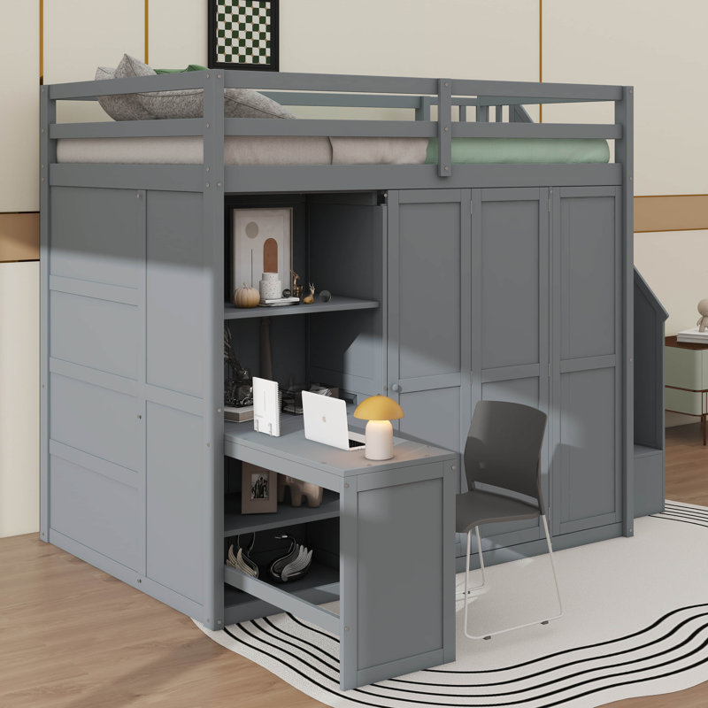 Full-Size Bed Incorporating A Built-In Wardrobe, Desk, And Shelving System, Gray