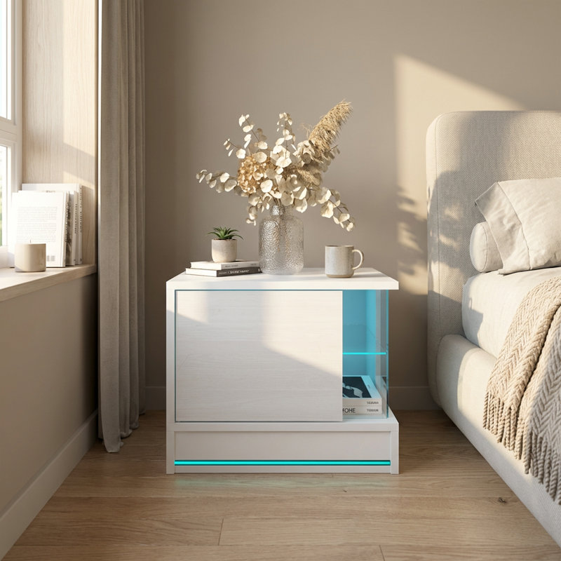 Bozarth 21.6" Nightstand with 16-Color LED Lighting, High Gloss Finish, White
