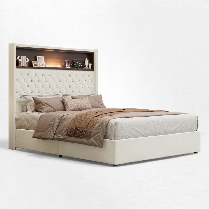 Structure de lit tapissier velours capitonné avec tablette USB et veilleuse, Beige, Complète