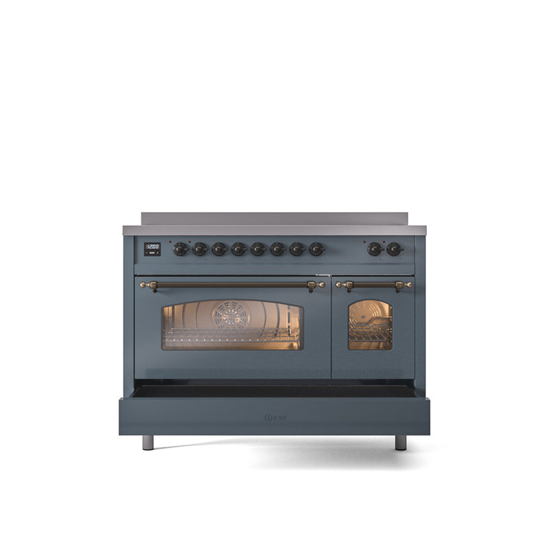 Cuisinière à induction 48 pouces avec 6 éléments à induction ILVE Nostalgie II Series (porte en verre), Gris-bleu / bronze