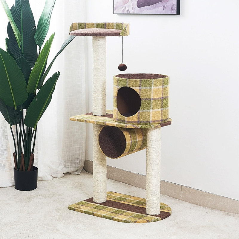 Arbre à chat 2 niveaux avec condons, perchoir, poteaux à griffer, Vert/brun