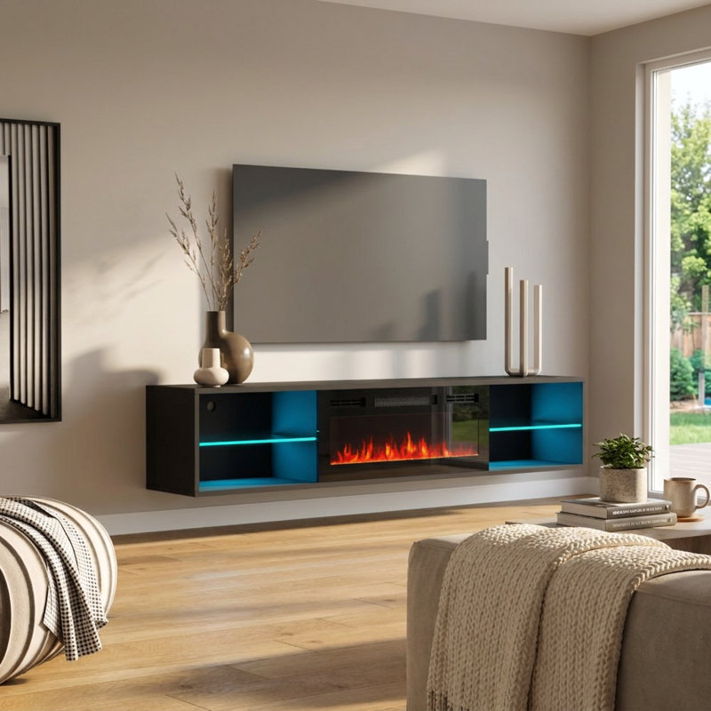 Meuble télé flottant mural moderne pour téléviseur de 88 po ou moins Seroka avec foyer électrique inclus, Noir
