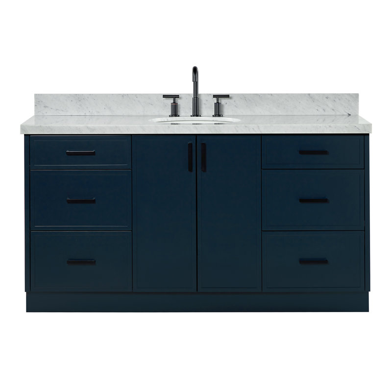 ARIEL Kelly 49 Single Sink Bathroom Vanity with Italian Carrara Marble Top, Oval, Midnight Blue, 67"