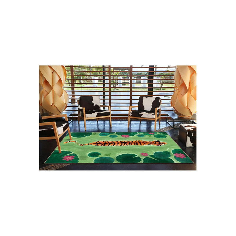 Tapis décoratif vert à motif de lac et de tigres vert, Sous-tapis rectangulaire de 3 pi 3 po x 4 pi 11 po