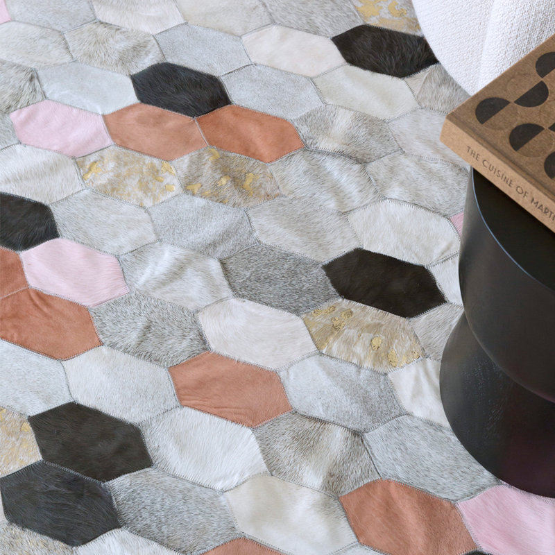 Cowhide Geometric Area Rug in Gray, Rectangle 4'6" x 5'9"