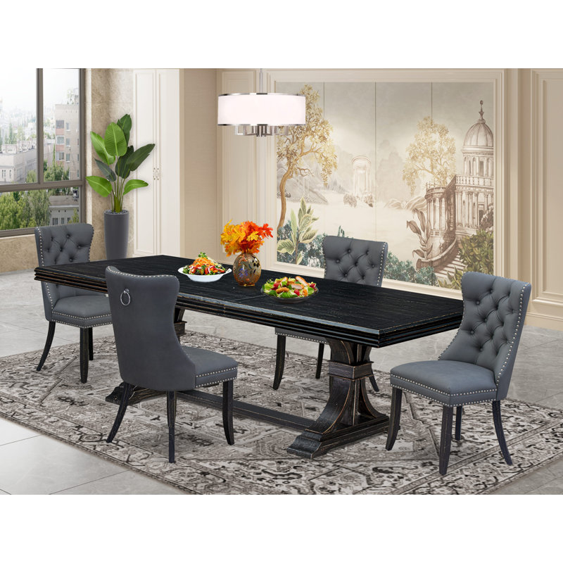 Cet ensemble de salle à manger moderne 5 pièces comprend une table de cuisine rectangulaire et 4 chaises en tissu de polyester gris platine, noir sablé