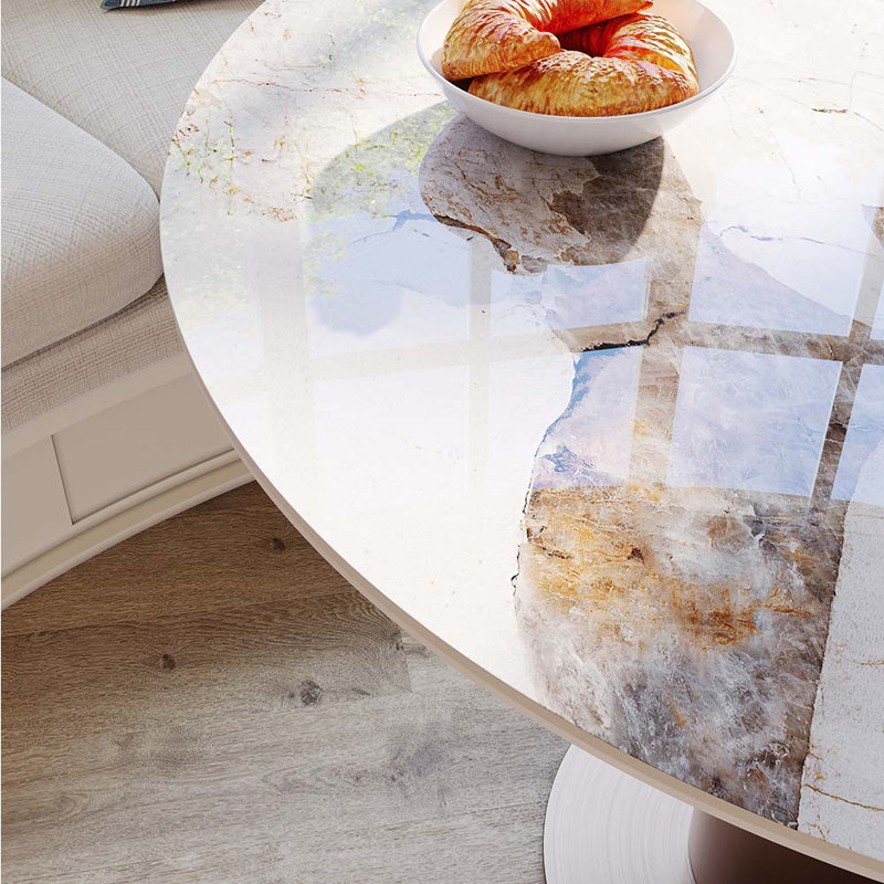 35" Modern Breakfast Nook Table, Small Dining Table For Breakfast Nook & Compact Spaces, Glossy White Sintered Stone Top With Bronze Metal Base