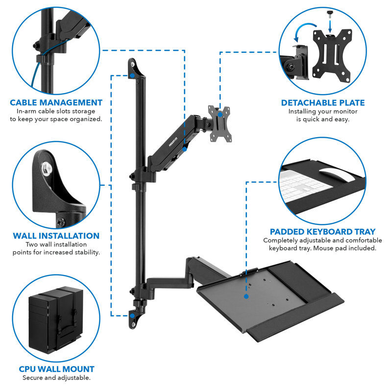 Mount-It Full Motion Wall Mount Workstation with Keyboard Tray and CPU Holder | Fits 32 in. Screens