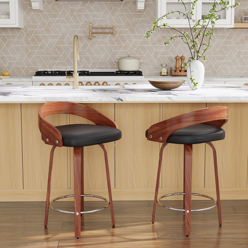Tabourets pivotants à hauteur de bar avec dossier bas, chaises de bar en bois avec coussin moelleux (ensemble de 2), Noir