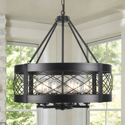 6-light 21.65" Dimmable  Farmhouse Geometric Drum Cage Chandelier For Entryway, Foyer, Living Room, Kitchen, Bedroom