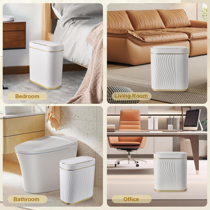 White and Gold Touchless 2 Gallon Plastic Trash Bin