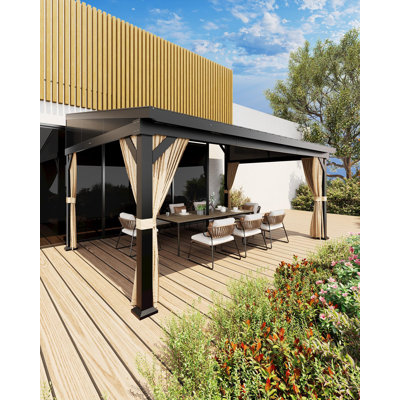 10'x14' Wall-Mounted Hardtop Lean to Gazebo with Aluminum Frame & Galvanized Steel Roof, Netting & Curtains for Patio,Garden