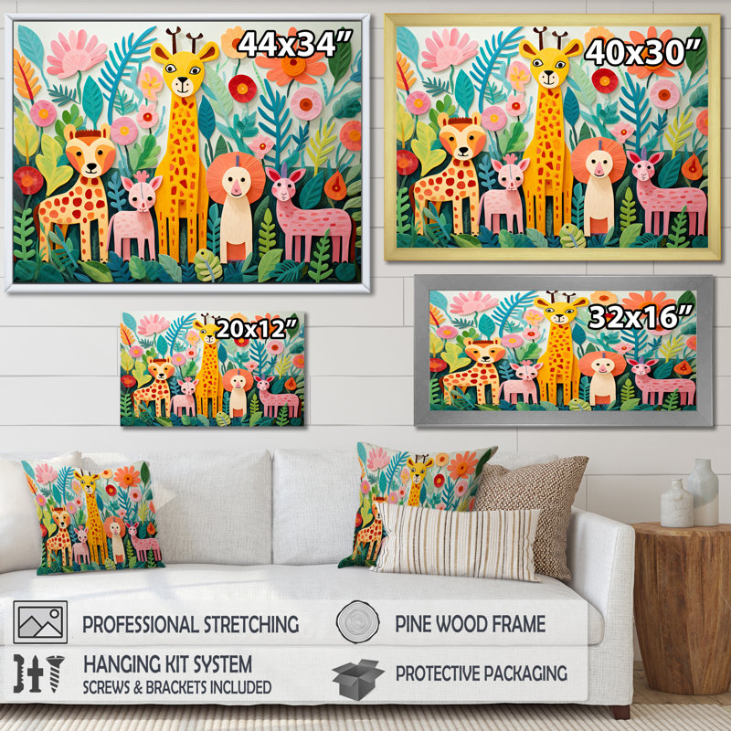 «Colorful Cute Animal Nursery I», art mural encadré, Toile tendue, H 24 po x l 32 po x P 1 po