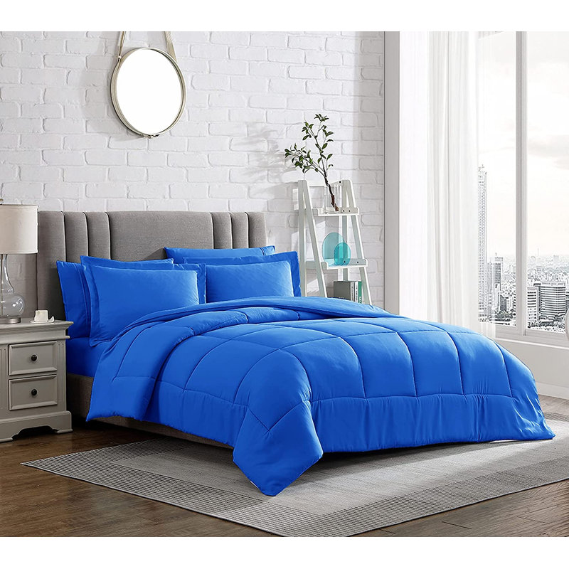 Box Stitch Comforter, Blue, Queen Comforter + 2 Queen Shams