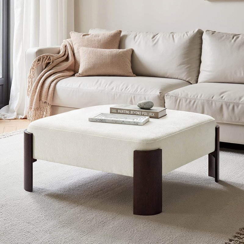 Savanna Modern 40" Round Chenille Cocktail Ottoman with Solid Wood Legs, Ivory