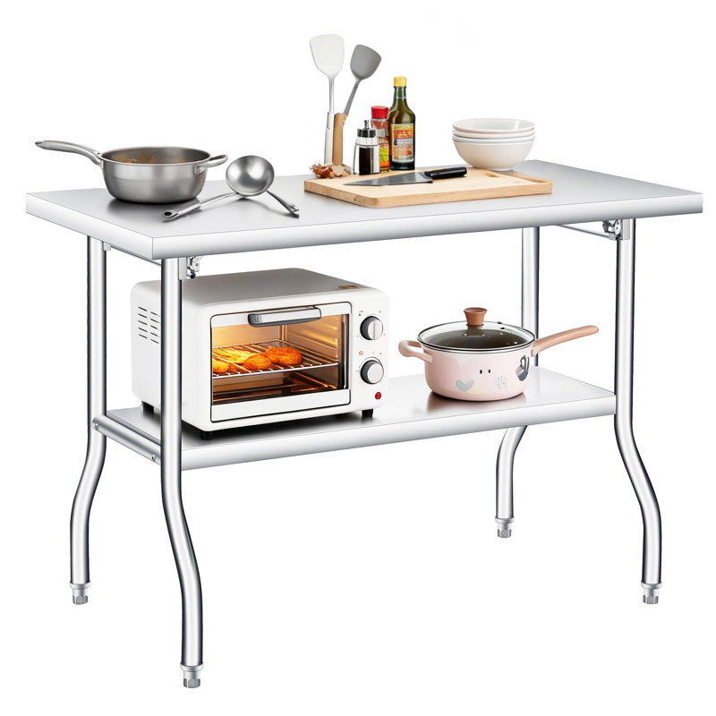 Table de travail pliante en acier inoxydable avec tablette inférieure 48 x 24 po, sans assemblage, argent