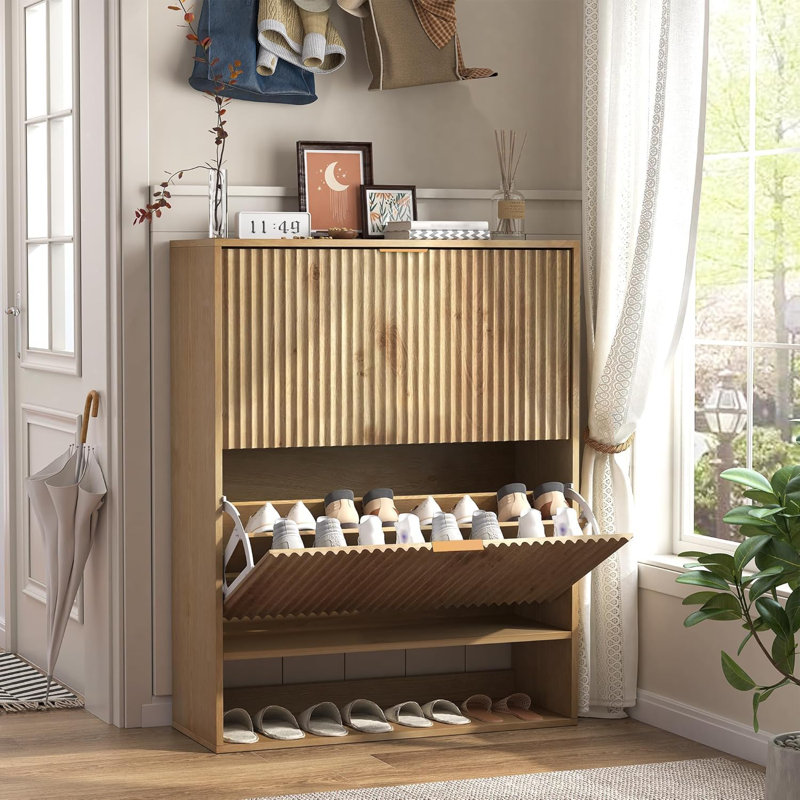 Slim Freestanding Shoe Cabinet, Narrow Fluted Shoe Storage Organizer with Removable Side Hooks, Natural Wood