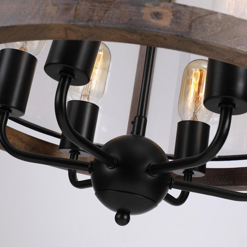 Luminaire suspendu pour îlot de bois rond à 6 lumières avec abat-jour cylindrique Denita