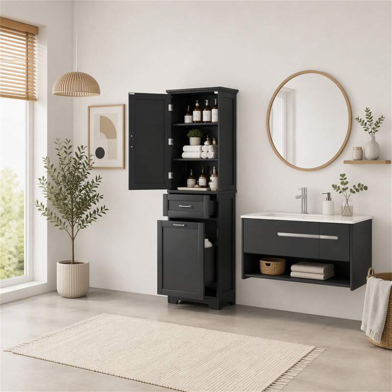 Grande armoire de rangement pour salle de bain, armoire de rangement autoportante avec deux tiroirs de tailles différentes et tablette réglable, panneau de fibres à densité moyenne avec finition peinte