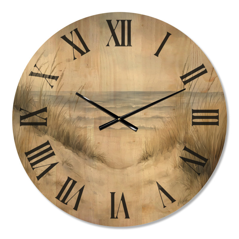 Quiet Dune Path I - Grande horloge murale beige de style côtier, imprimée sur bois, Médium