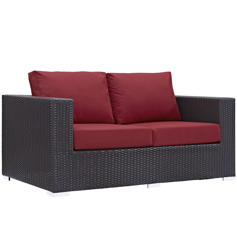 Espresso Red Wicker and Metal Outdoor Patio Loveseat