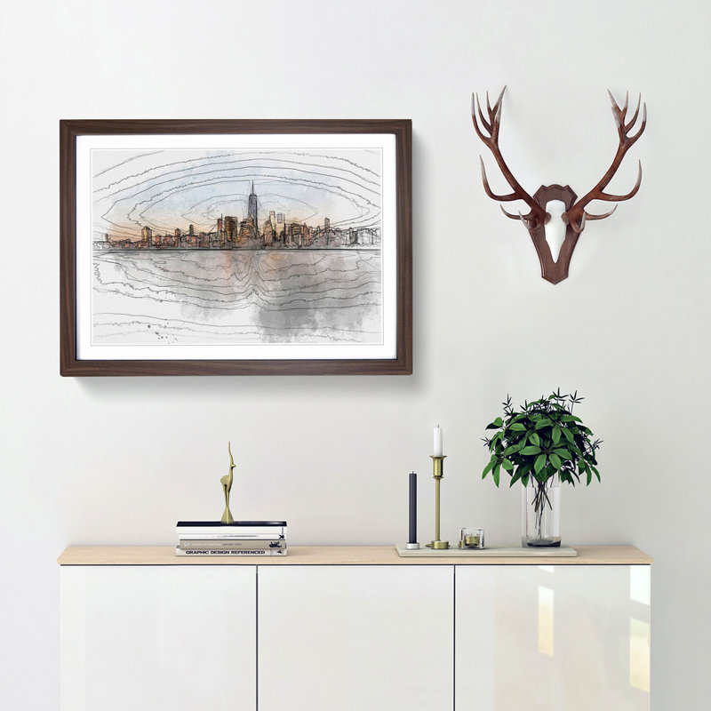 The New York Skyline in Abstract - Picture Frame Graphic Art Print, 27cm H x 36cm W x 2cm D, Walnut Framed