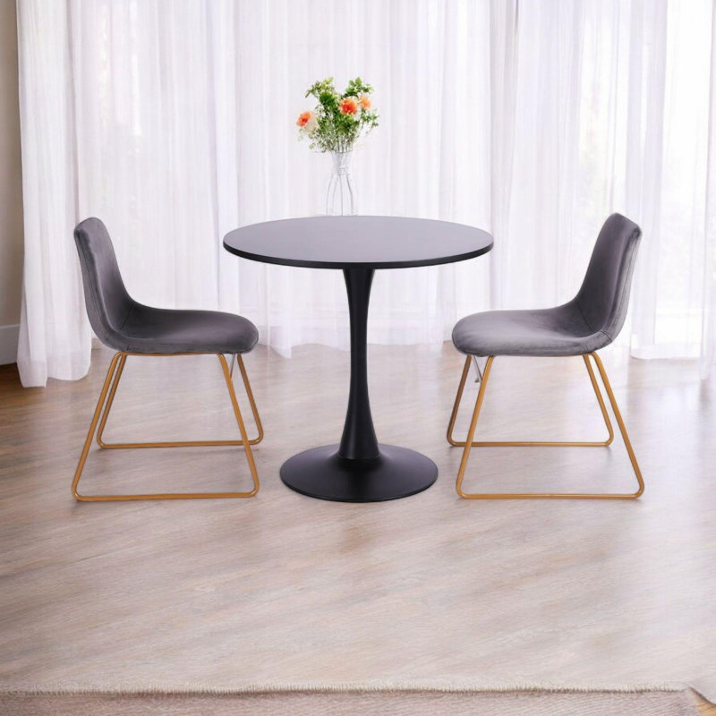 Modway Dining Set Velvet Upholstered Chairs with Gold Legs Round Table Modern Minimalist Gray for Small Dining Spaces, Black
